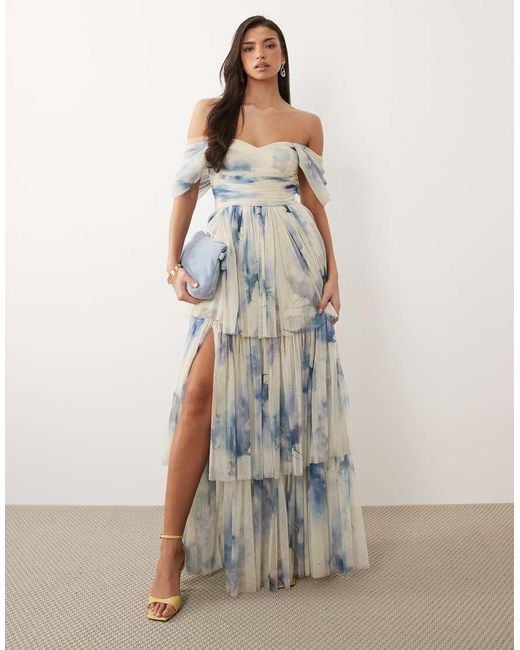 LACE & BEADS Multicolor Off The Shoulder Tulle Maxi Dress