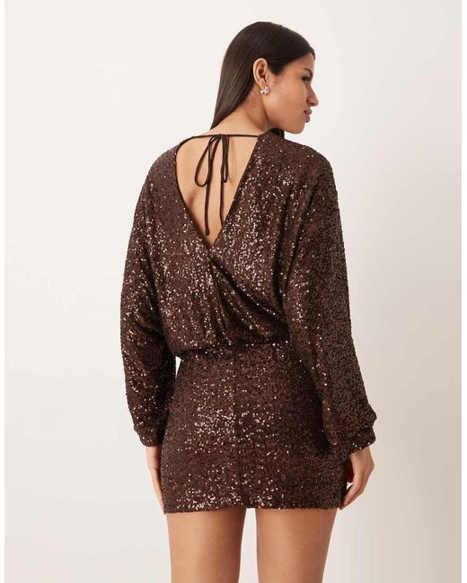 Gina Tricot Brown Long Sleeve Sequin Low Back Mini Dress