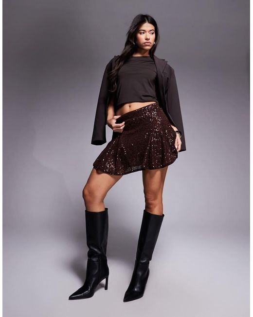 ASOS Brown Allover Sequin Godet Flippy Mini Skirt