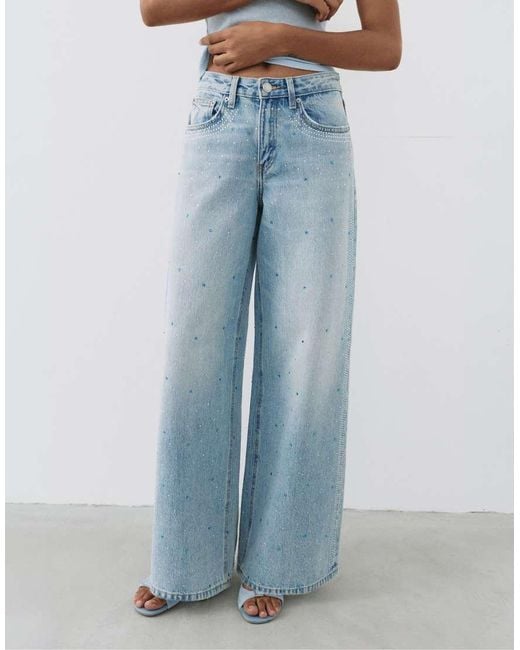 Pull&Bear Blue Rhinestone Wide-leg Jeans