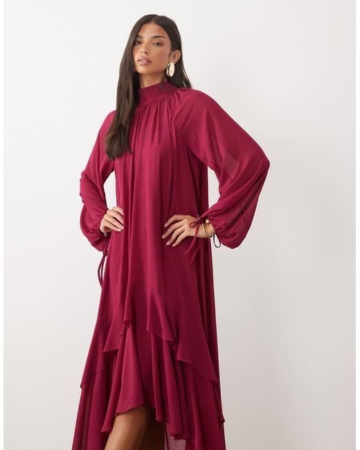 TFNC London Chiffon High Neck Maxi Dress With Tiered Hem