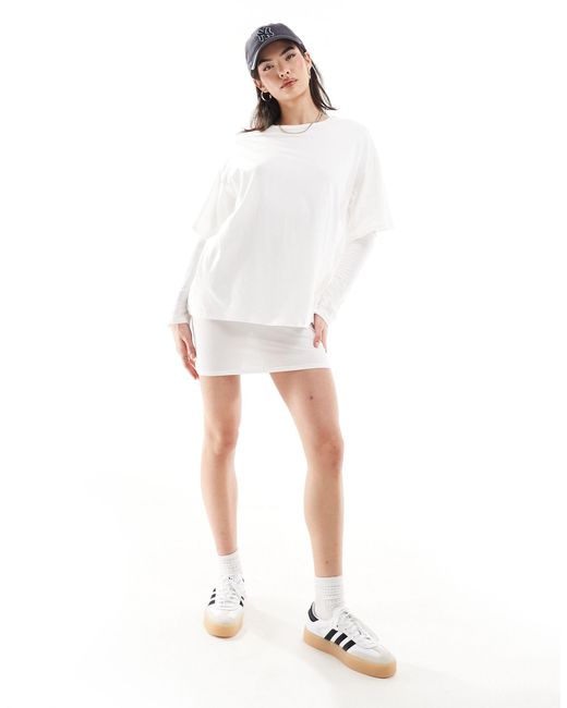ASOS White High Neck Ribbed Long Sleeve Mini T-shirt Dress With Overlay