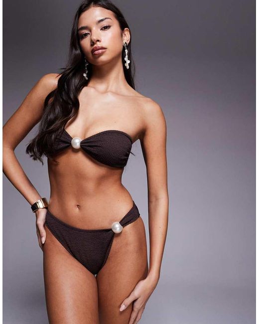 South Beach Brown High Rise Bikini Bottom With Pearl Detail
