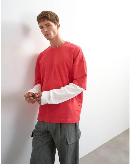 Topman Red Relaxed Fit Crop Laye T-shirt With Waffle Sleeve for men