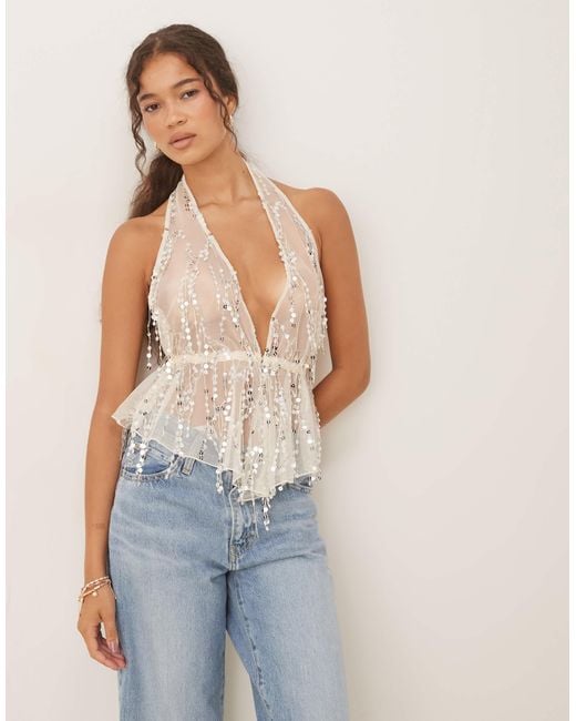 ASOS Blue Scatter Sequin Mesh Halter Top