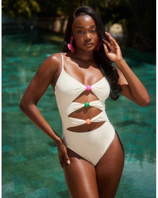 South Beach Green Cut Out Swimsuit With Bubblegum Bead Detail