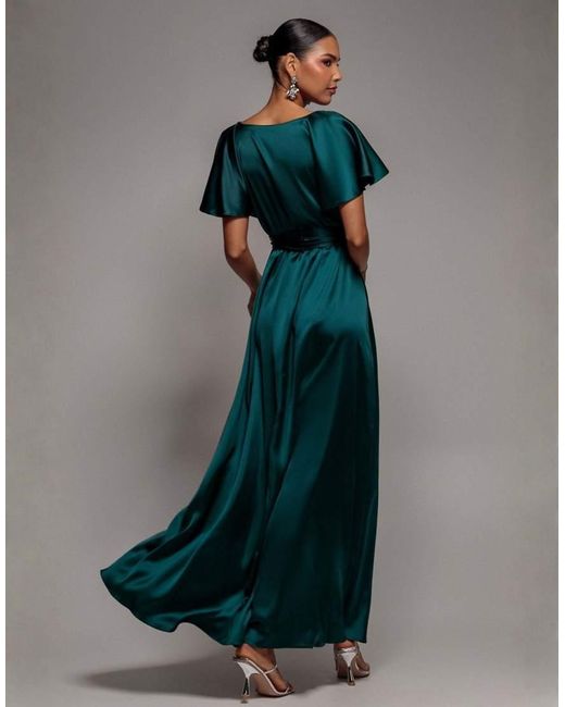 Goddiva Green Satin Flutter Sleeve Wrap Maxi Dress