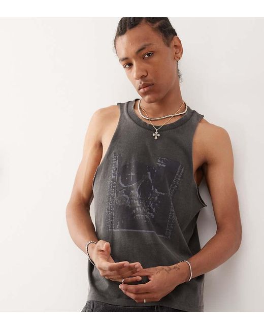 Collusion Gray Printed Cut Off Tank Top for men