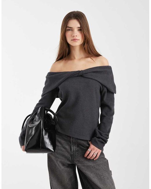 ASOS Black Folded Over Shoulder Long Sleeve Ribbed Top