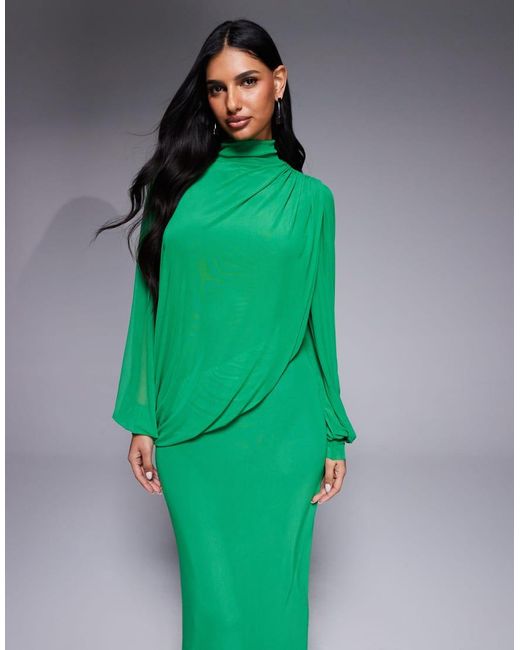 ASOS Green Modesty Mesh Wrap Over Draped Blouson Sleeve Maxi High Neck Dress