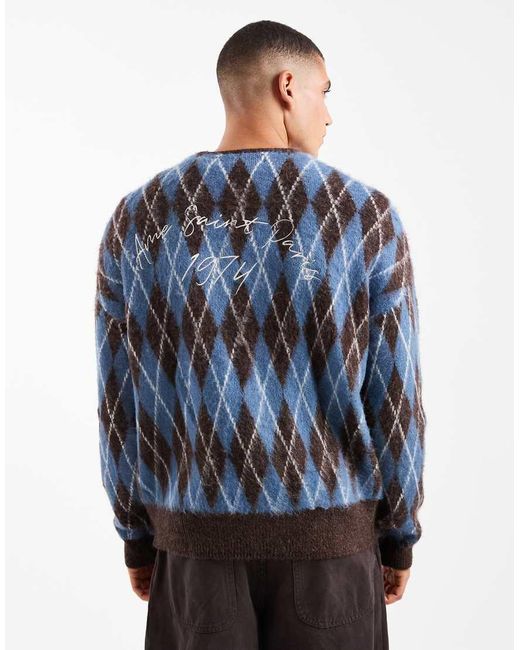 River Island Blue Brushed Argyle Cardigan for men