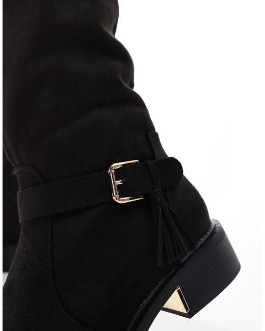 SEQWL Wide Fit Black Over The Knee Flat Boots With Tassle