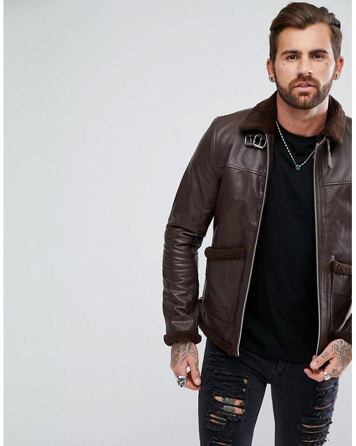 ASOS Borg Lined Leather Jacket In Brown for men