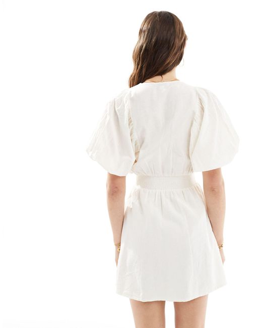 Pretty Lavish White Puff Sleeve Linen Mini Dress