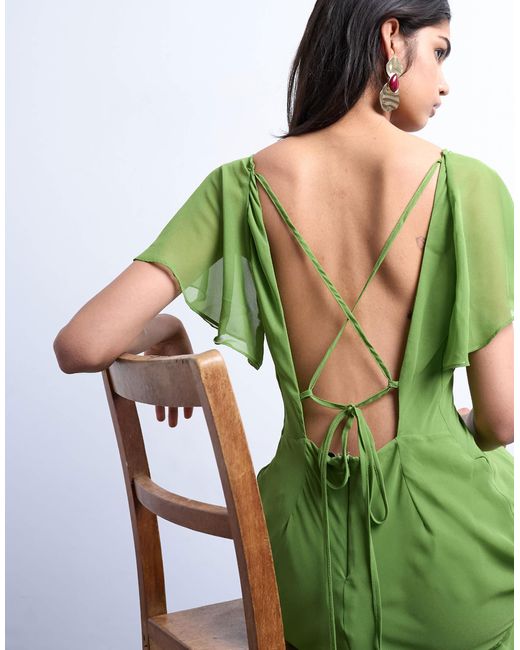 TOPSHOP Green Flutter Sleeve Godet Hem Midi Dress
