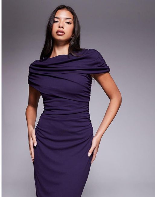 Forever New Purple Mesh Ruched Cape Shoulder Detail Midi Dress