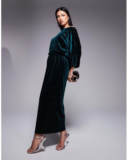 Never Fully Dressed Blue Tilly Off Shoulder Velvet Midaxi Dress