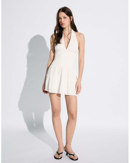 Bershka White Shimmery Ruffled Mini Dress