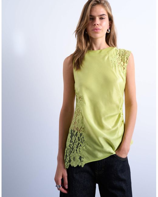 TOPSHOP Green Lace Insert Grown On Shoulder Top