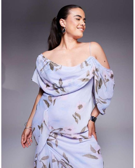 Vestido Semilargo Azul De Corte Al Bies Con Cuello Desbocado, Bajo Asimétrico Y Estampado Floral De Asos Design Curve ASOS de color Purple