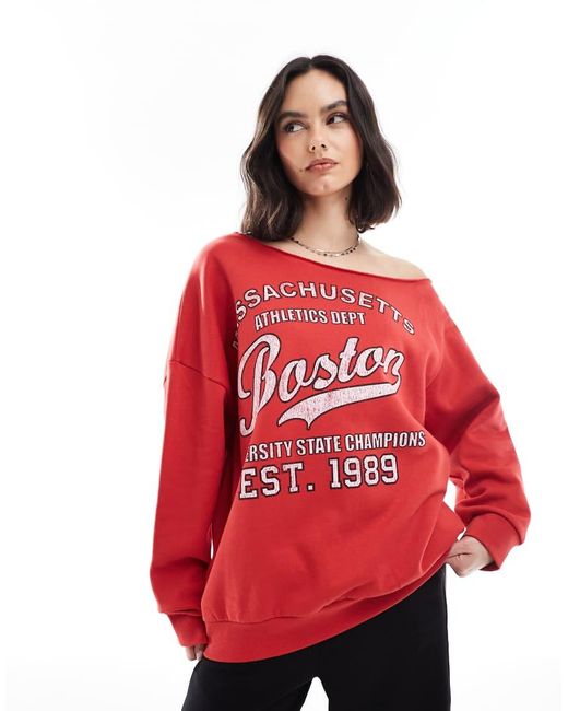 ASOS Red Off Shoulder Sweatshirt With Boston Graphic