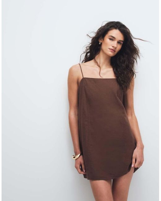 Monki Brown Linen Blend Cami Mini Dress With Pockets