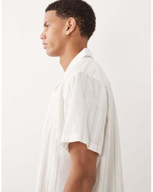 Jack & Jones White Premium Linen Blend Short Sleeve Shirt With Green Stripes for men