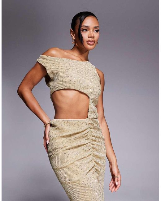 ASOS Gray Asym Neck Cut Out Ruching Detail And Split Maxi Dress