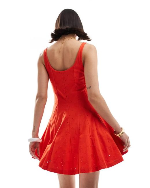 ASOS Red Broderie Square Neck Godet Mini Dress