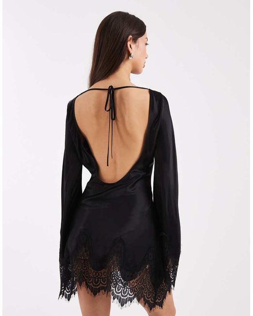 ASOS Black Satin Lace Trim Angel Sleeve Mini Dress