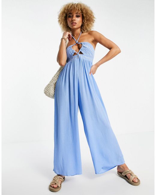 River Island Halterneck Wide Leg Beach Jumpsuit in Blue Lyst