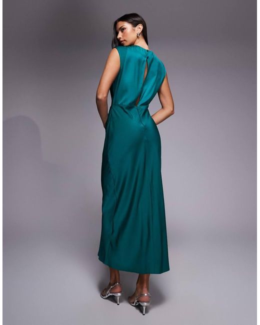 ASOS Blue Satin High Neck Pleated Bodice Midi Dress