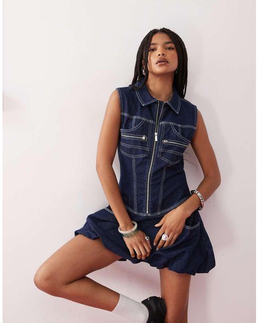 Collusion Blue Denim Mini Dress With Buckle Details