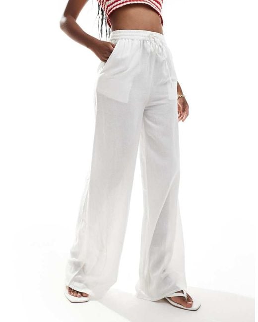 In The Style White Linen Mix Wide Leg Drawstring Trousers