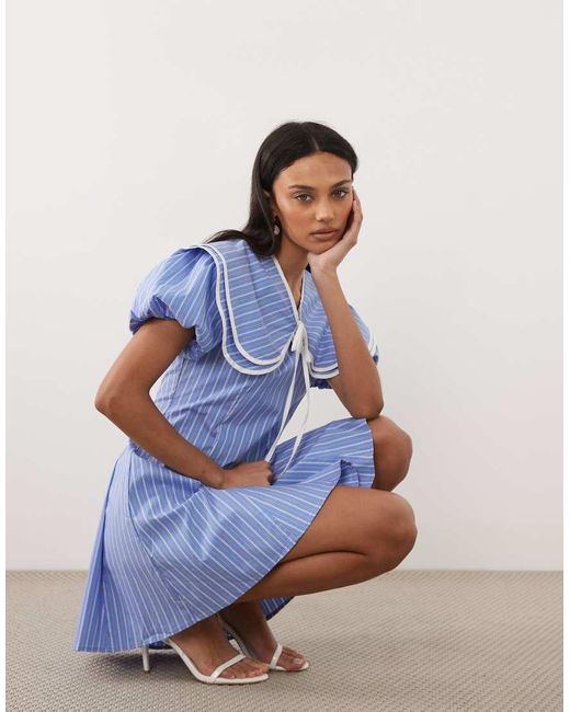Sister Jane Blue Cotton-look Oversized Collar Puff Sleeve Mini Dress