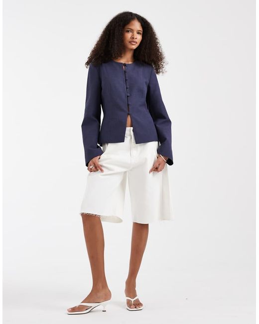 ASOS Blue Button Up Linen Fitted Blazer In