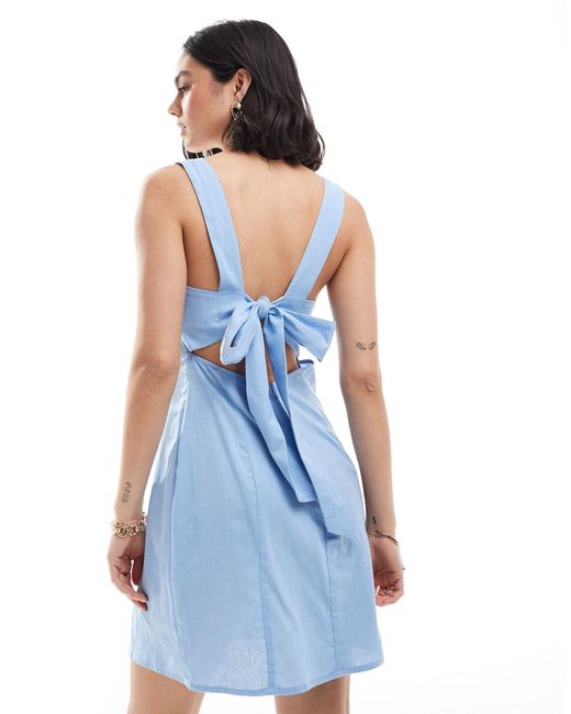 Robe d'été courte à encolure carrée et lien à nouer au dos aspect lin ASOS en coloris Blue