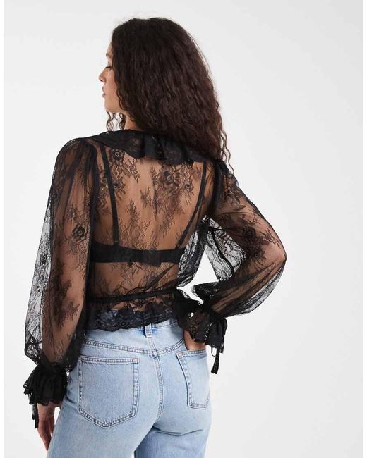 Miss Selfridge Black Lace Tie Front Ruffle Blouse