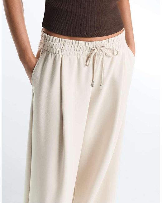 Oysho Natural Wide-leg Piqué Pleat Trousers With Cotton