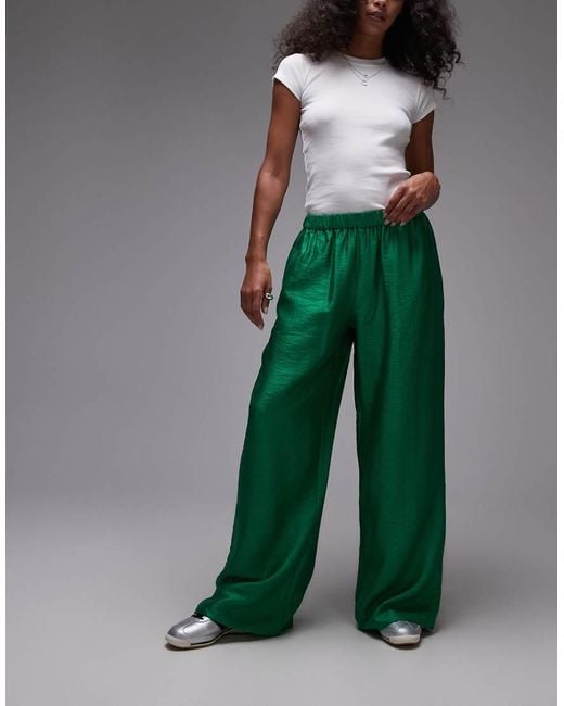 TOPSHOP Green Textured Satin Straight Leg Drawcord Trouser