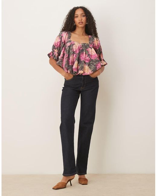Blusa A Fiori Con Maniche A Sbuffo E Scollo Squadrato di ASOS in Pink