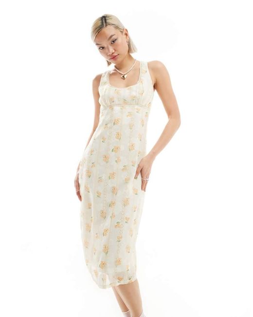 Daisy Street Vintage Texture Midi Dress With Cream Lace Trim-white