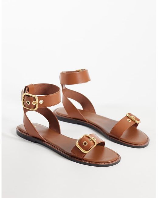Mango Brown 100% Suede Leather Buckle Detail Flat Sandal