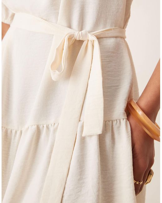 Vila Natural Short Sleeve Tie Waist Mini Dress