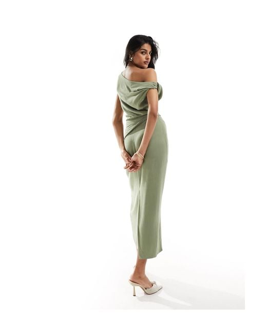 ASOS Green Fallen Shoulder Linen Look Midi Dress With Pleat Waist