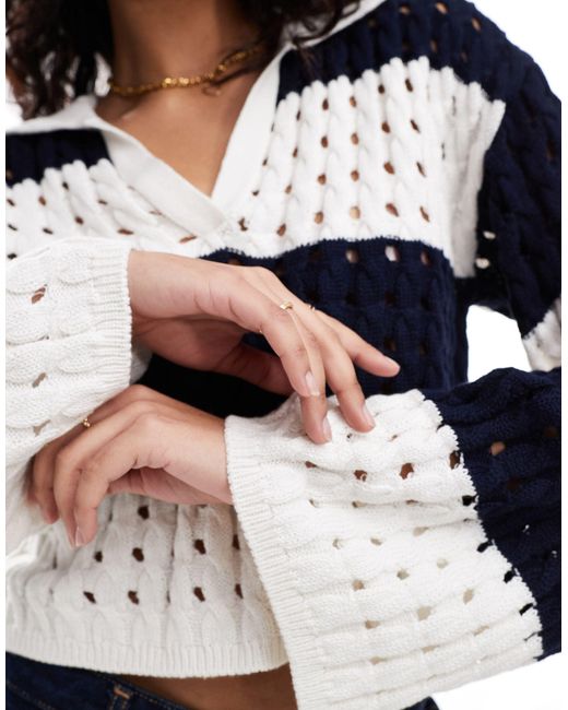 Miss Selfridge Blue Striped Open Stitch Crochet Long Sleeve Polo Jumper