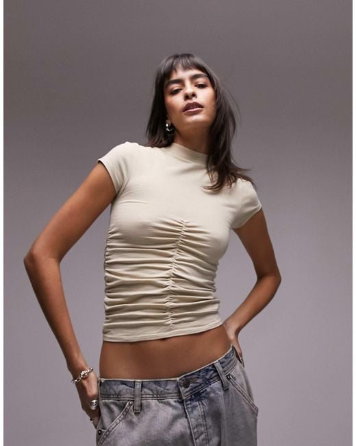 TOPSHOP Brown Ruched Front Short Sleeve Top