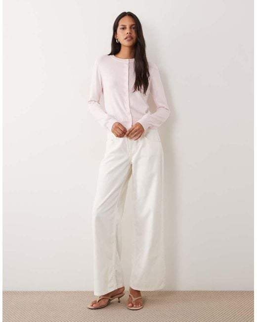 Mango Pink Round Neck Cardigan With Lace Trim