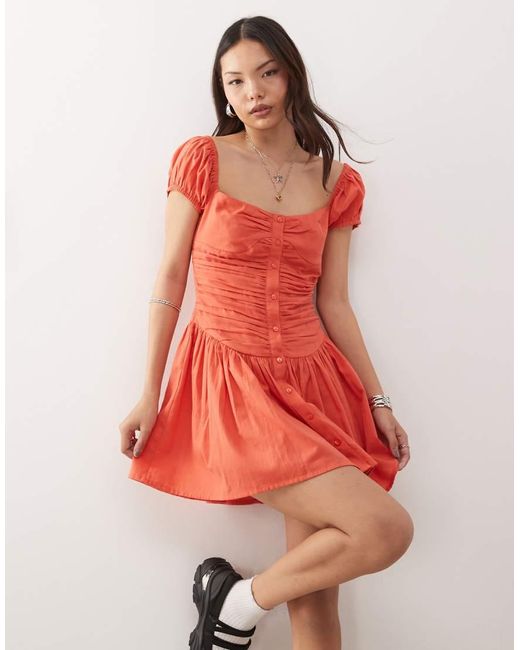 Vestido Veraniego Corto Rojo Mandarina Con Escote Cuadrado Y Cintura Baja De Reclaimed (vintage) de color Red