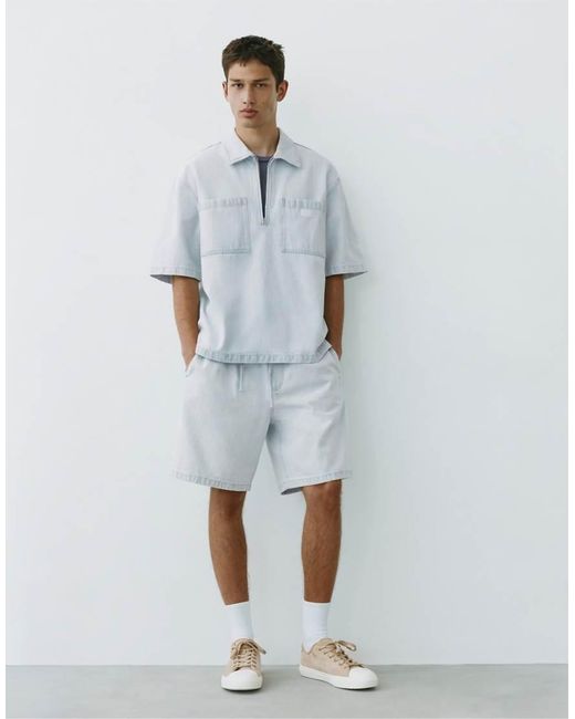 Pull&Bear Blue Relaxed Denim Bermuda Shorts for men